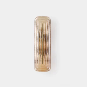 Glacium modern wall sconce with textured amber glass and brass mounting hardware, front view studio photography
