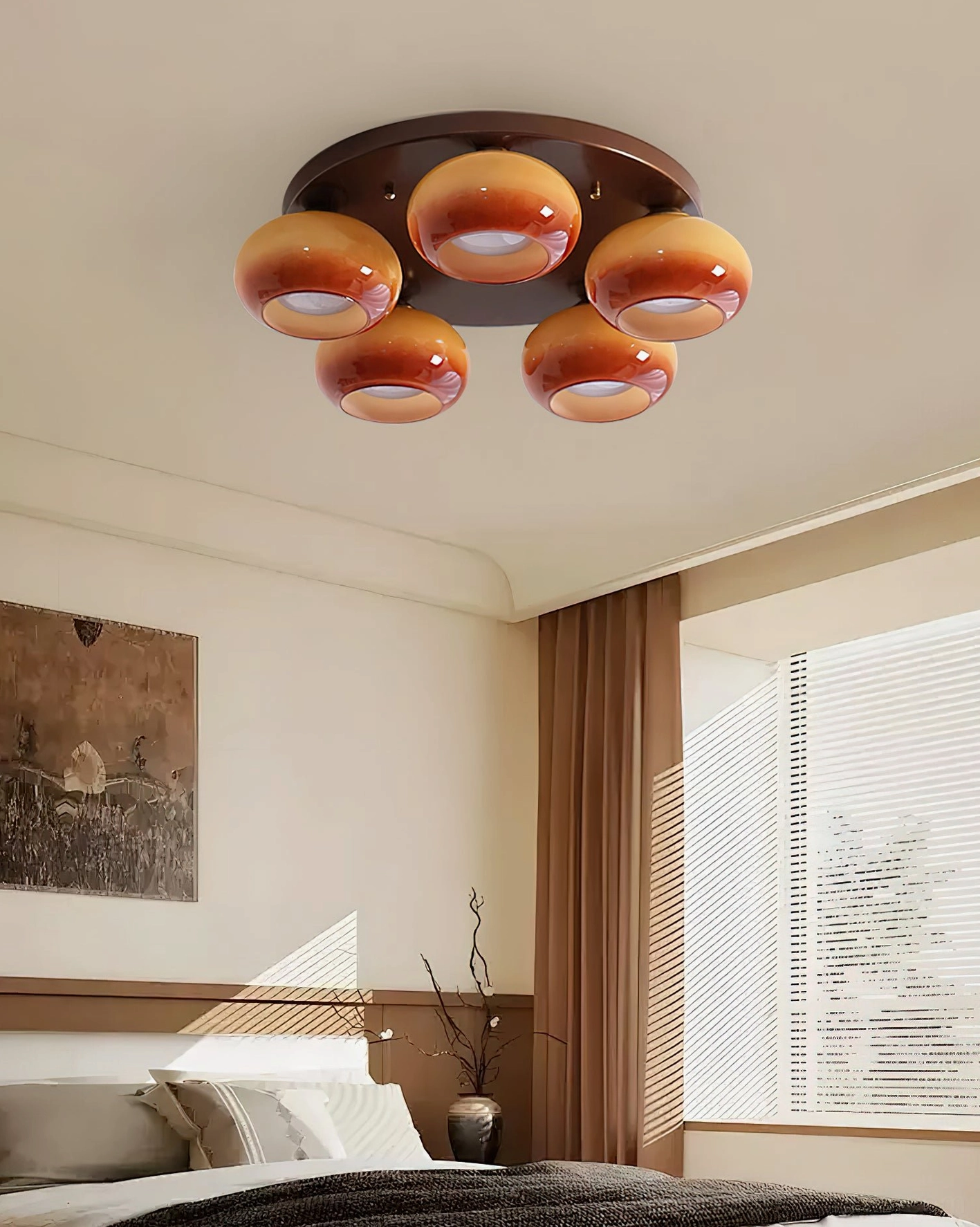 5-head glass ceiling light installed in vintage bedroom creating warm ambient lighting over bed