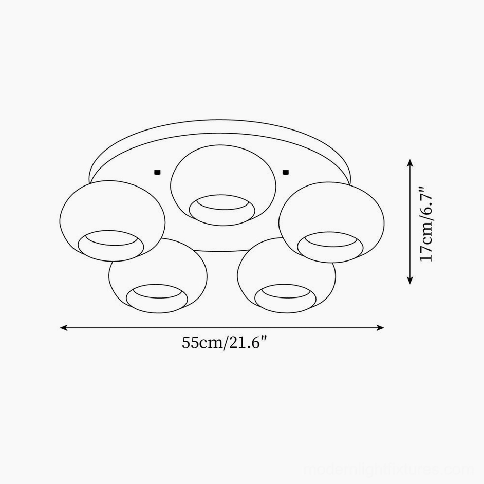 Technical schematic diagram showing dimensions of 5-head glass ceiling light - 55cm width and 17cm height