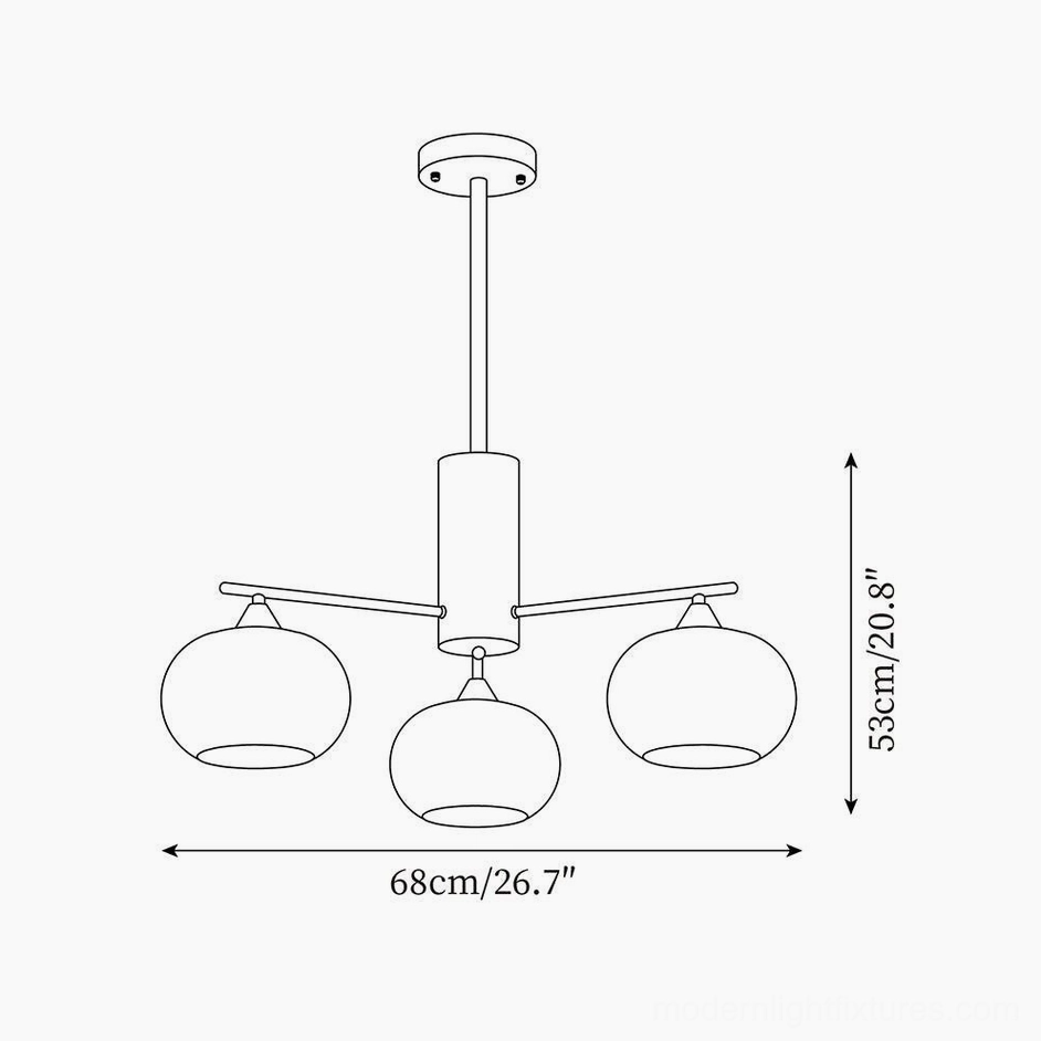 5-head glass pendant chandelier technical dimension drawing 68cm diameter 53cm height specification