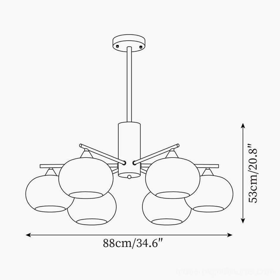 8-head glass pendant chandelier technical schematic 88cm diameter 53cm height specification