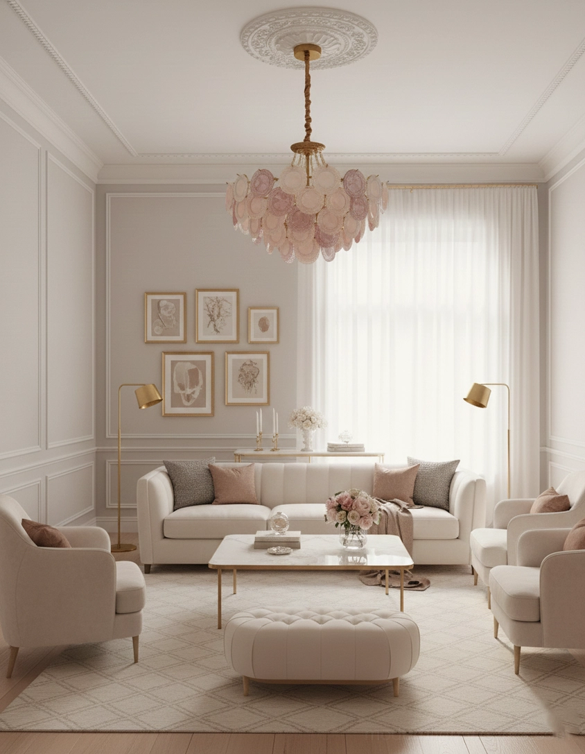Modern pink glass chandelier installation showing ceiling junction box and adjustable hanging chain system