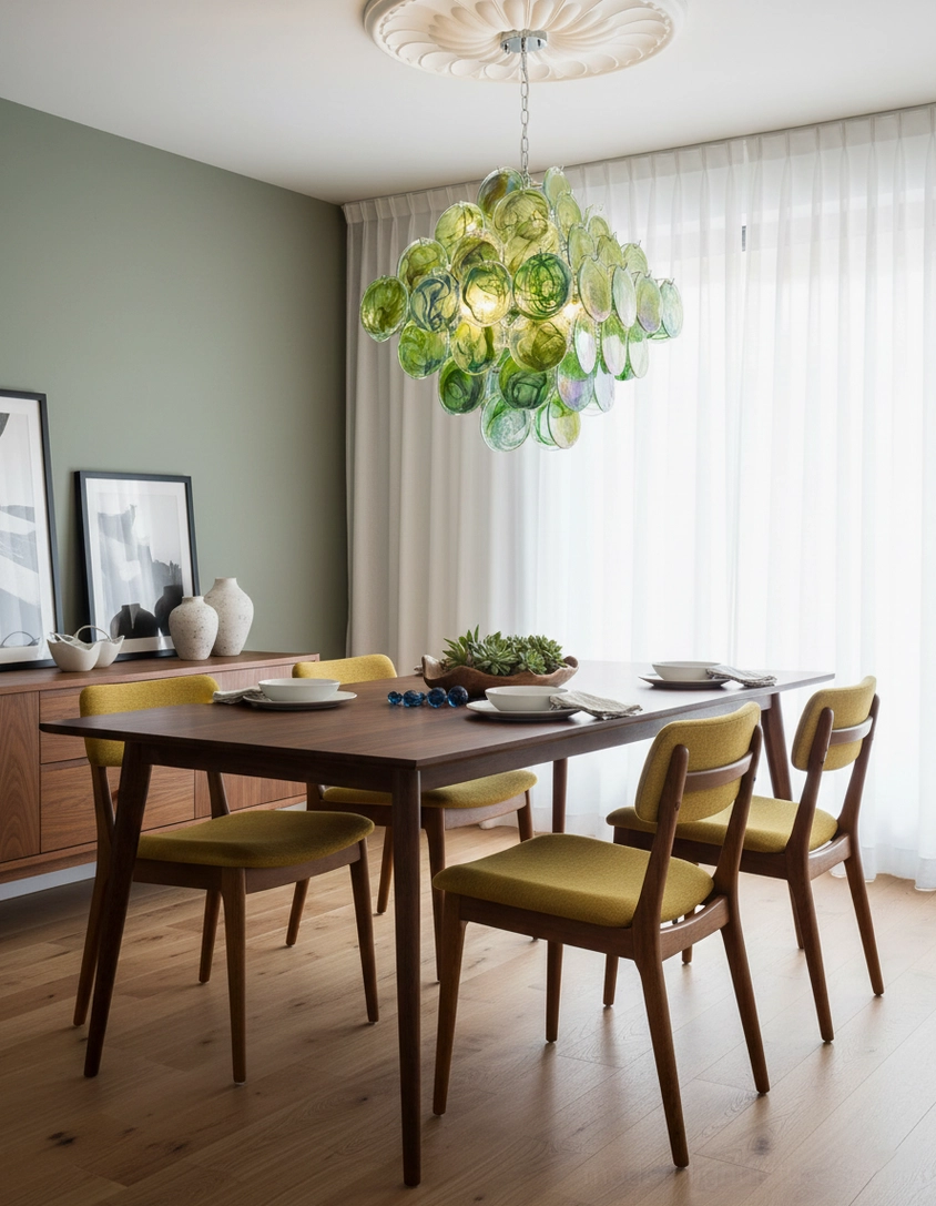 Glass disc chandelier architectural installation view showing adjustable hanging chain and ceiling mounted configuration
