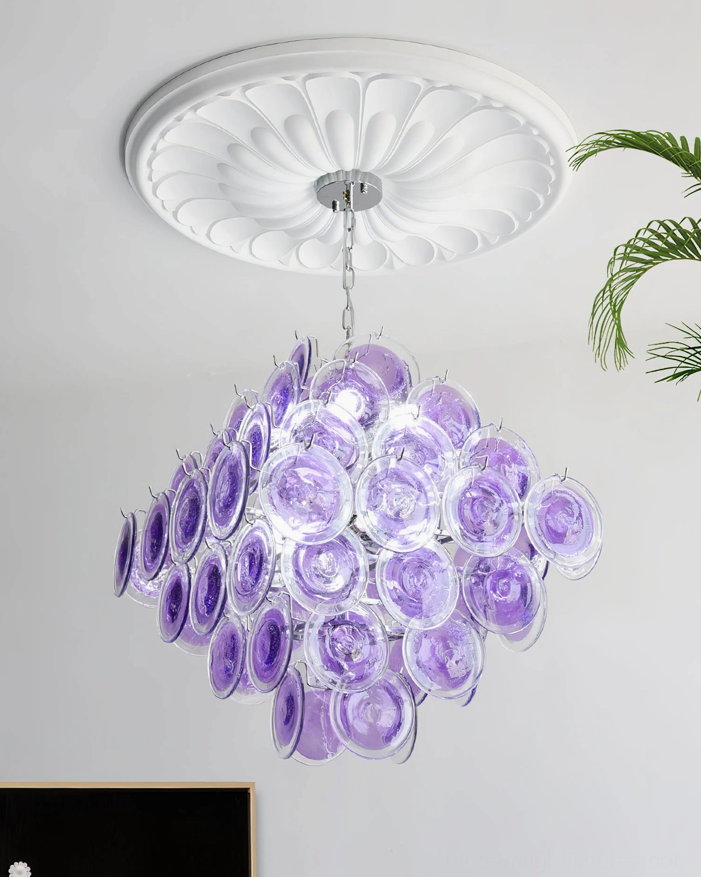 Glass disc chandelier architectural rendering view showing design vision and installation visualization concept
