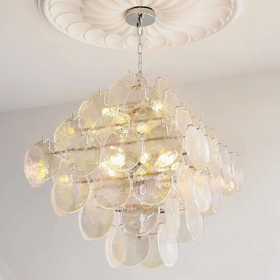 Glass disc chandelier clear color option studio view showing transparent glass clarity and light transmission