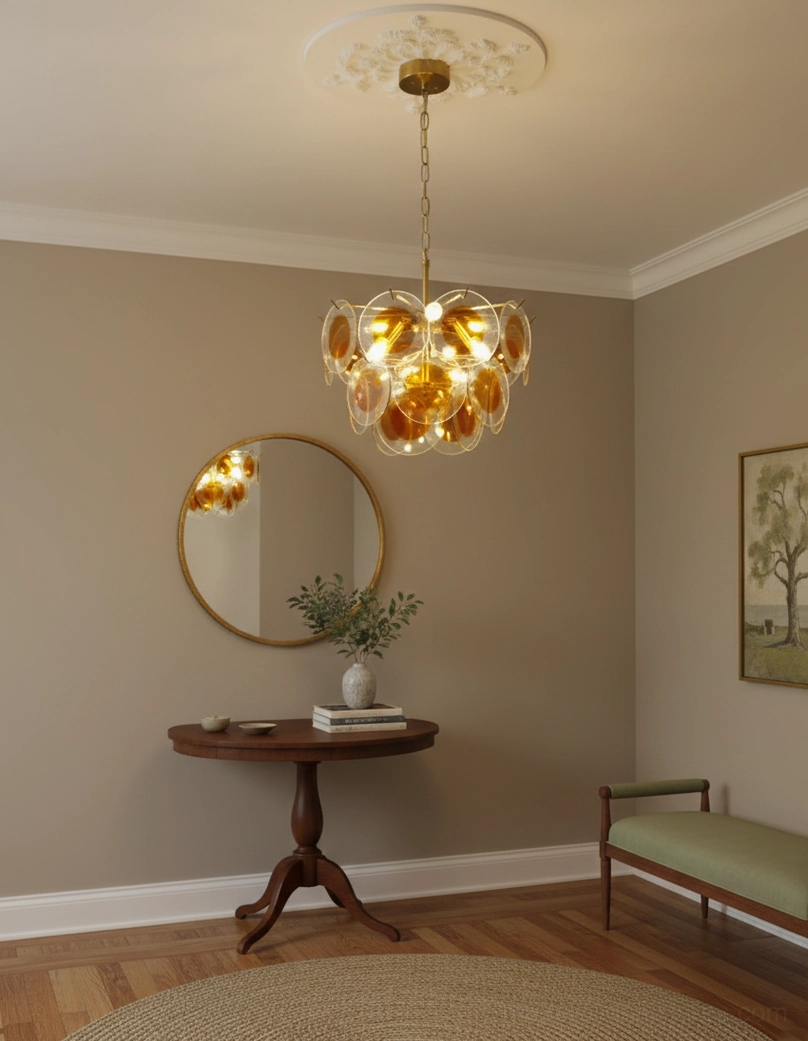 Small compact glass disc chandelier lounge corner round wall mirror wooden side table lighting fixture