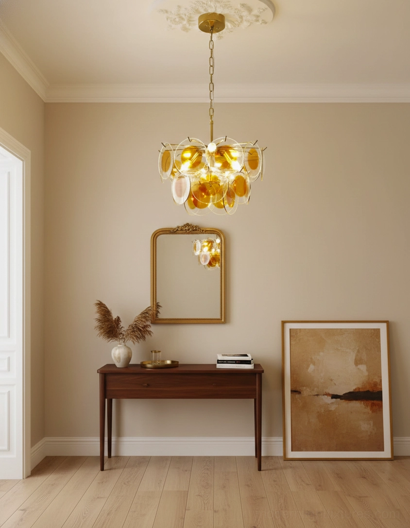 Modern glass disc chandelier entryway gold framed mirror warm neutral wall interior design detail