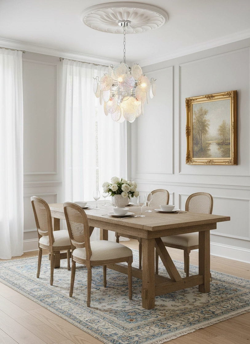 Neutral glass disc pendant light lit above rectangular formal dining table with classic neutral interior design