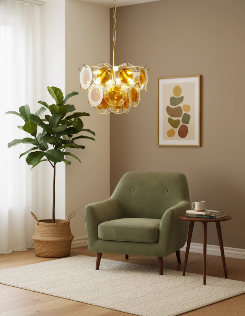Modern glass disc chandelier hanging chain adjustable height installation mounted ceiling fixture