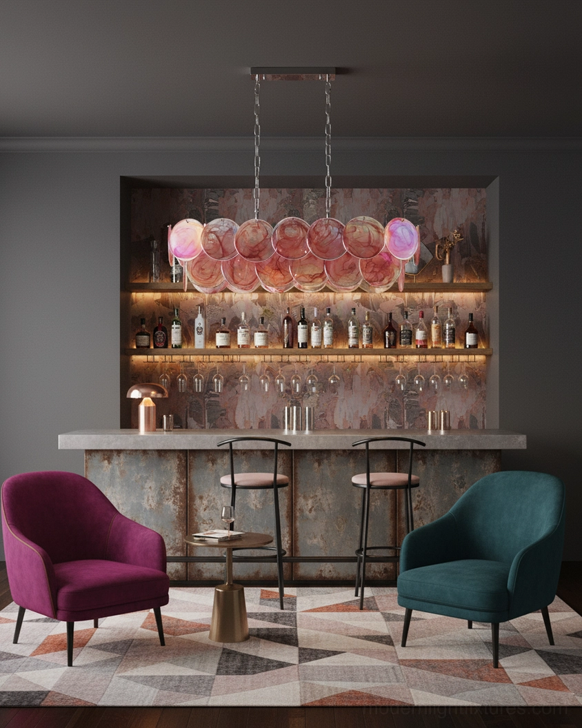 Glass disc pendant chandelier with pink marbled shades glowing in home bar lounge setting