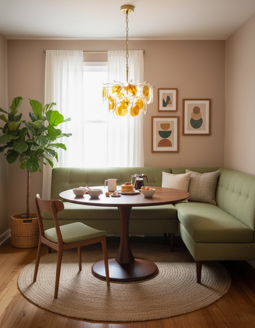 Glass disc pendant chandelier dining living combo space green sofa gallery wall floor plant lighting