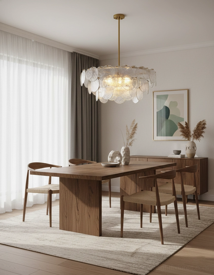 Luxury disc pendant chandelier installed in contemporary dining room with wooden dining set and minimalist styling