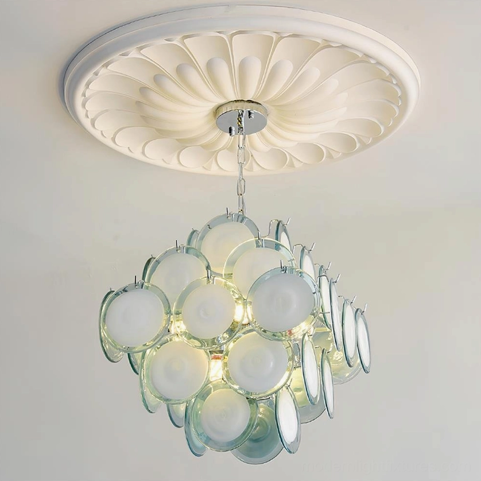Glass disc chandelier opalescent color shimmering effect view showcasing iridescent glass properties