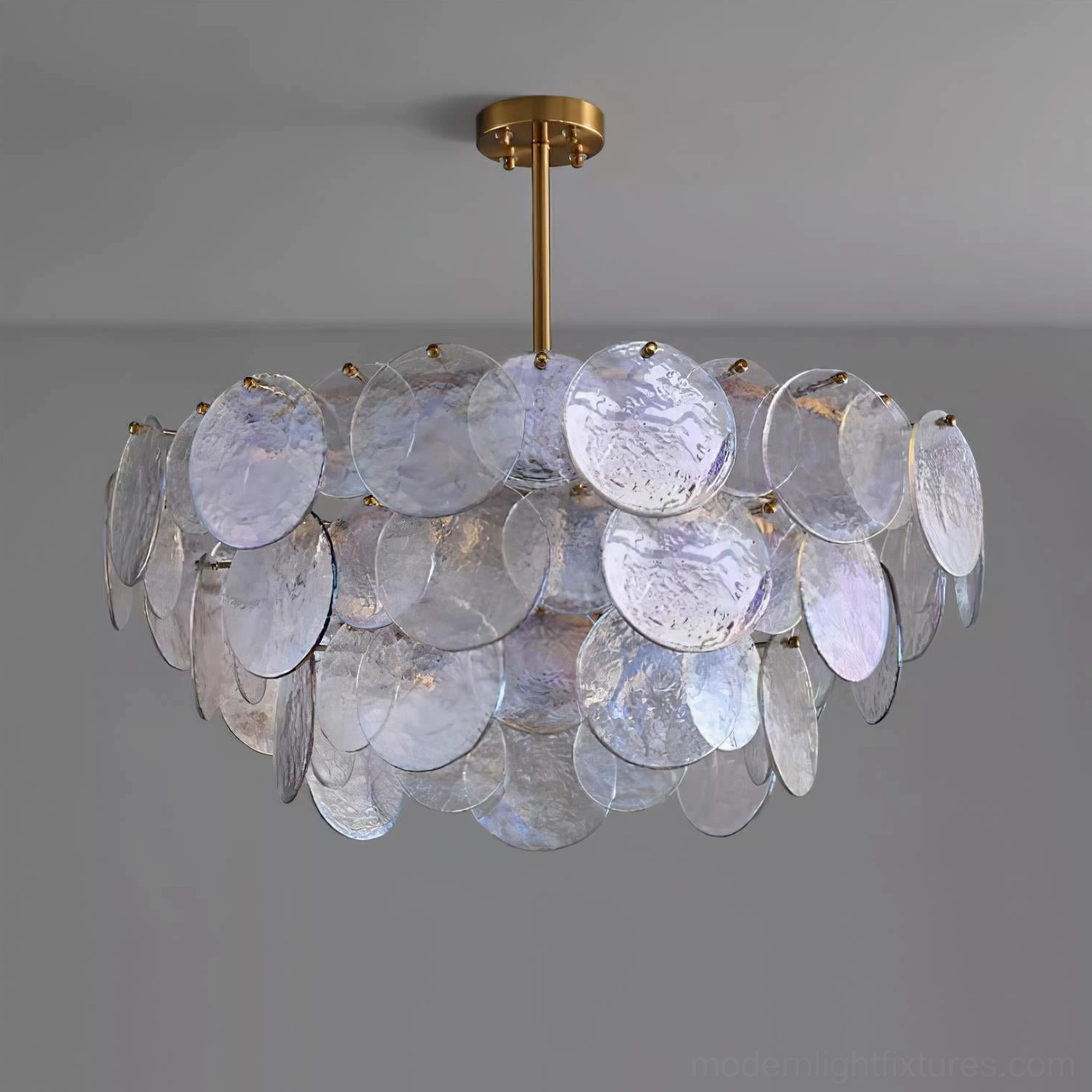 Iridescent textured glass disc chandelier left side view showing brass rod suspension and layered design