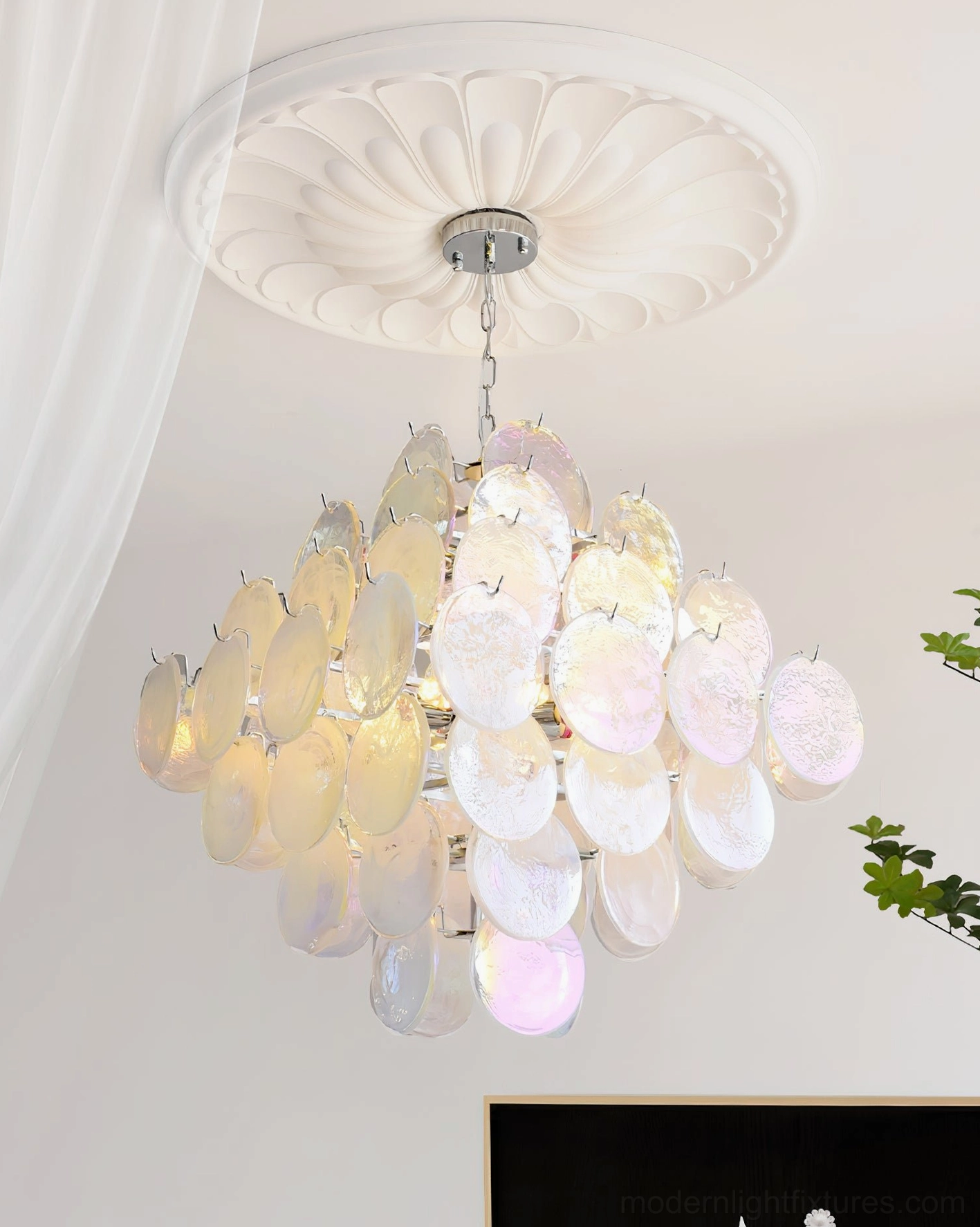 Glass disc chandelier comparison view showing size variations small versus large model side-by-side