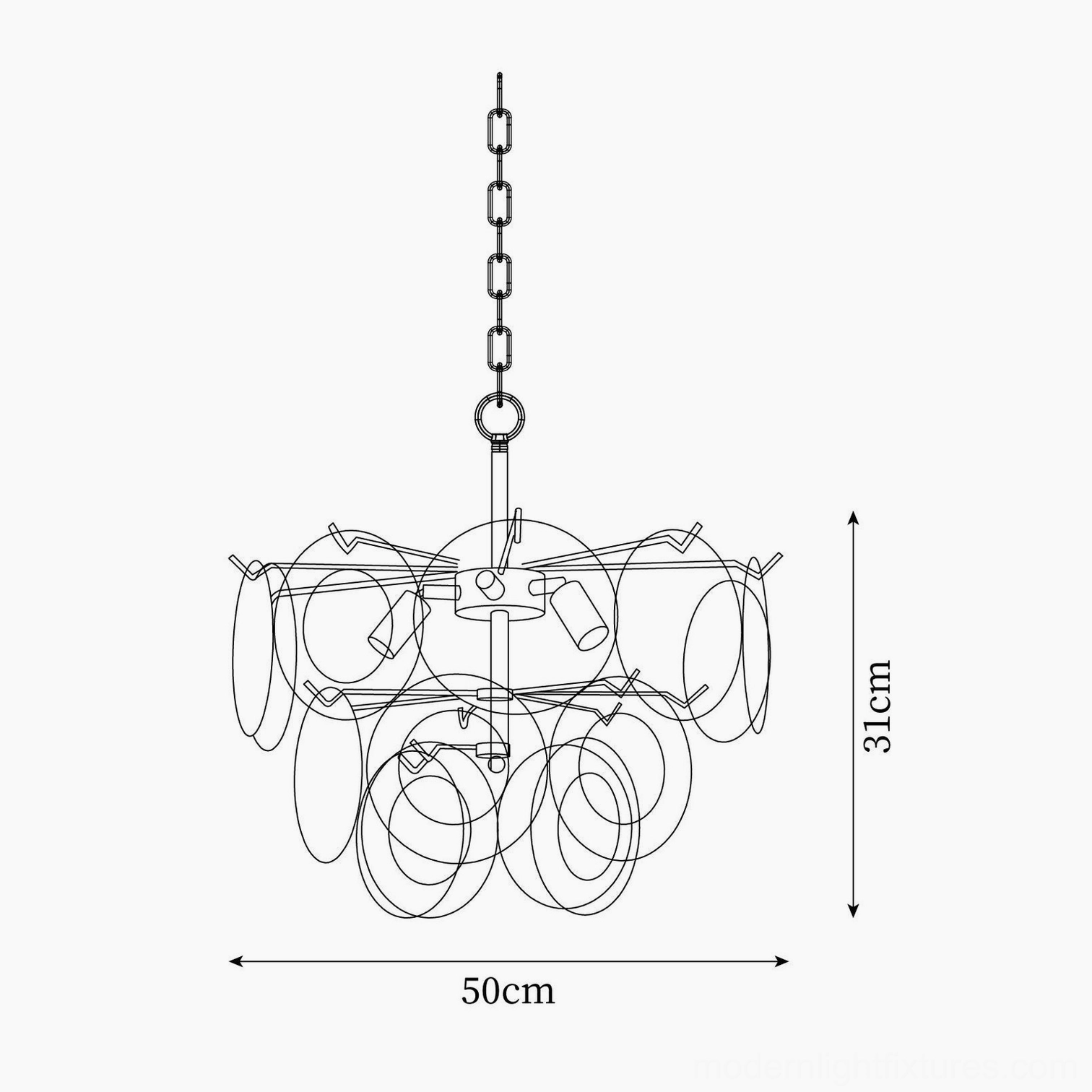 Glass disc chandelier technical blueprint diagram dimensions 50cm diameter 31cm height specifications