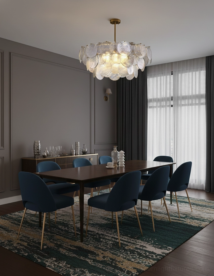 Iridescent glass disc pendant chandelier detail shot highlighting textured glass layers and light refraction
