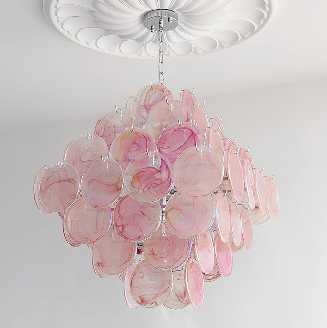 Glass disc chandelier white option pristine installation view in minimalist contemporary interior design