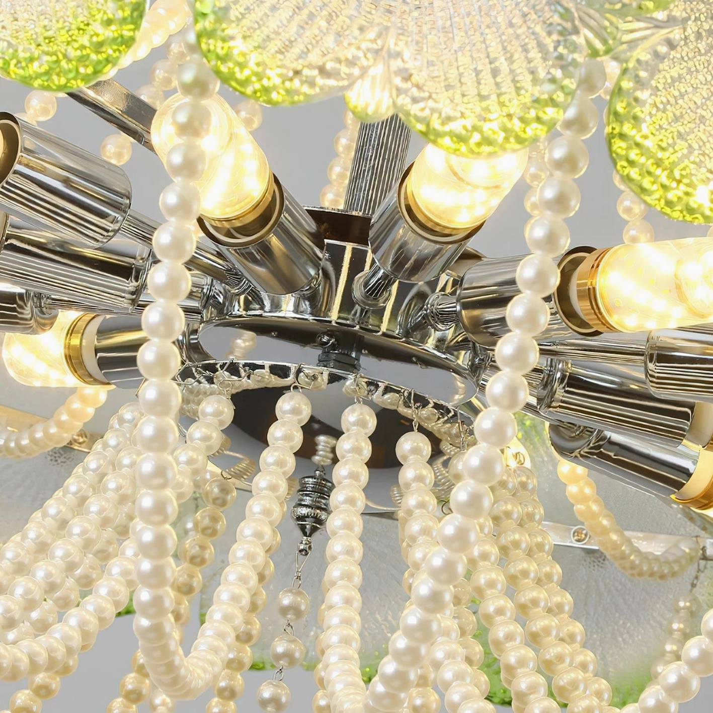 Glass flower chandelier petal shades with decorative elements, contemporary pendant light design