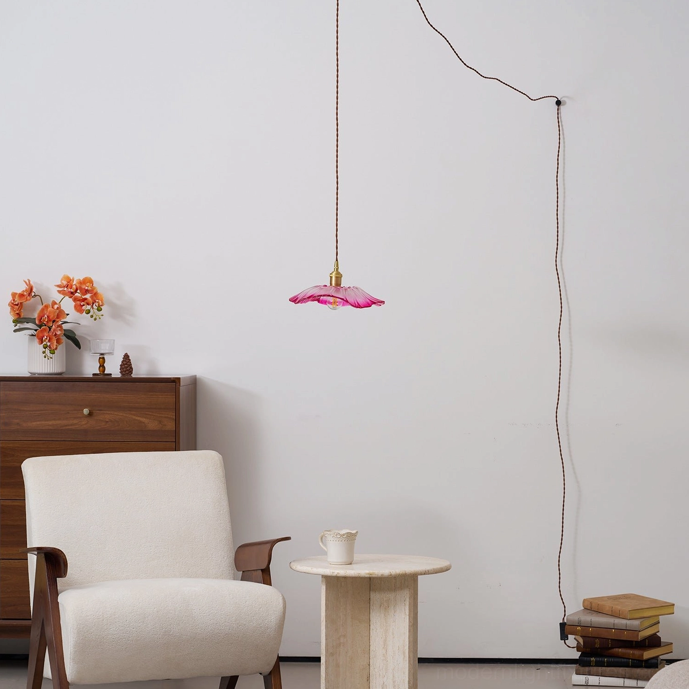 Glass flower pendant light with adjustable cord length and easy installation setup