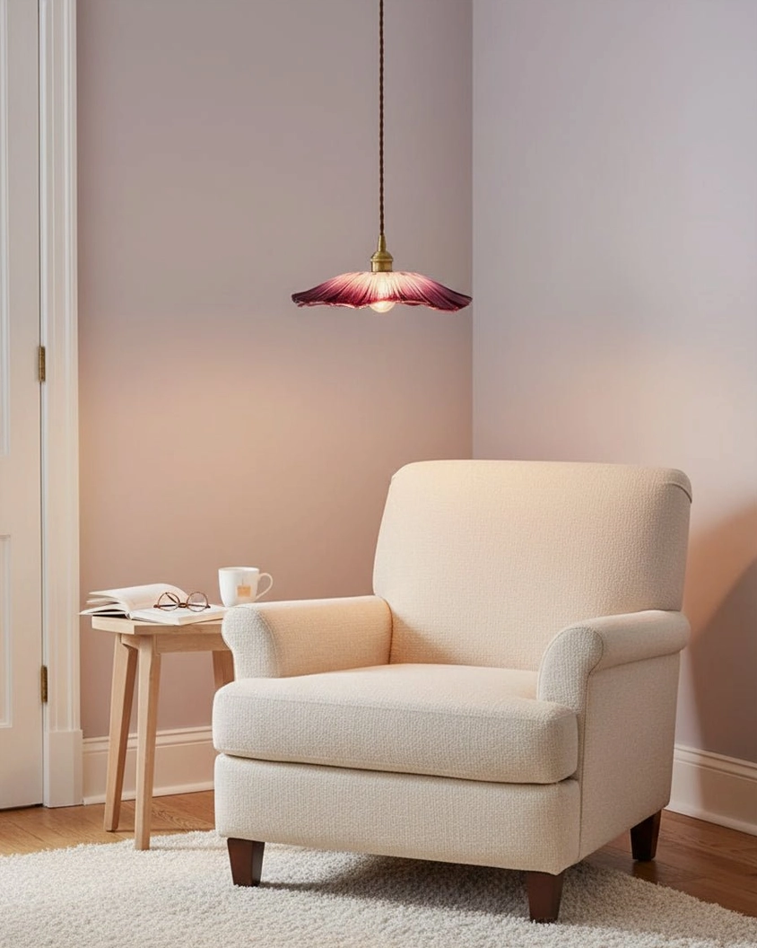 Minimalist glass flower pendant light installation above dining table or accent area