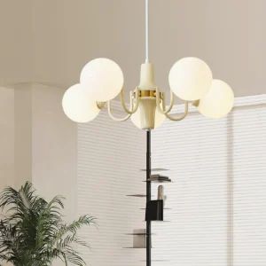 Six-head pendant light fixture in minimalist living room with beige walls and warm ambient lighting