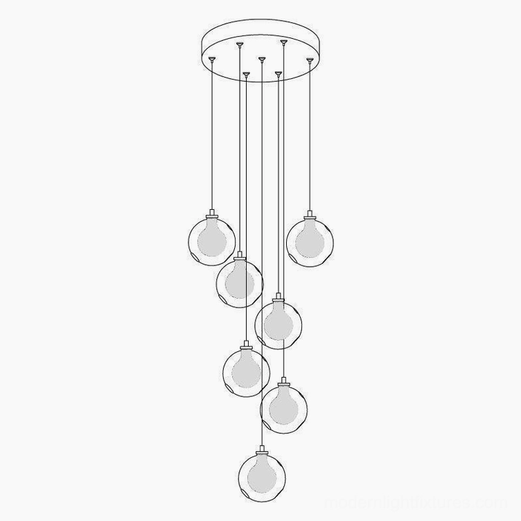 Glass globe cluster chandelier close-up showing hand-blown glass sphere details and chrome metal fixture components