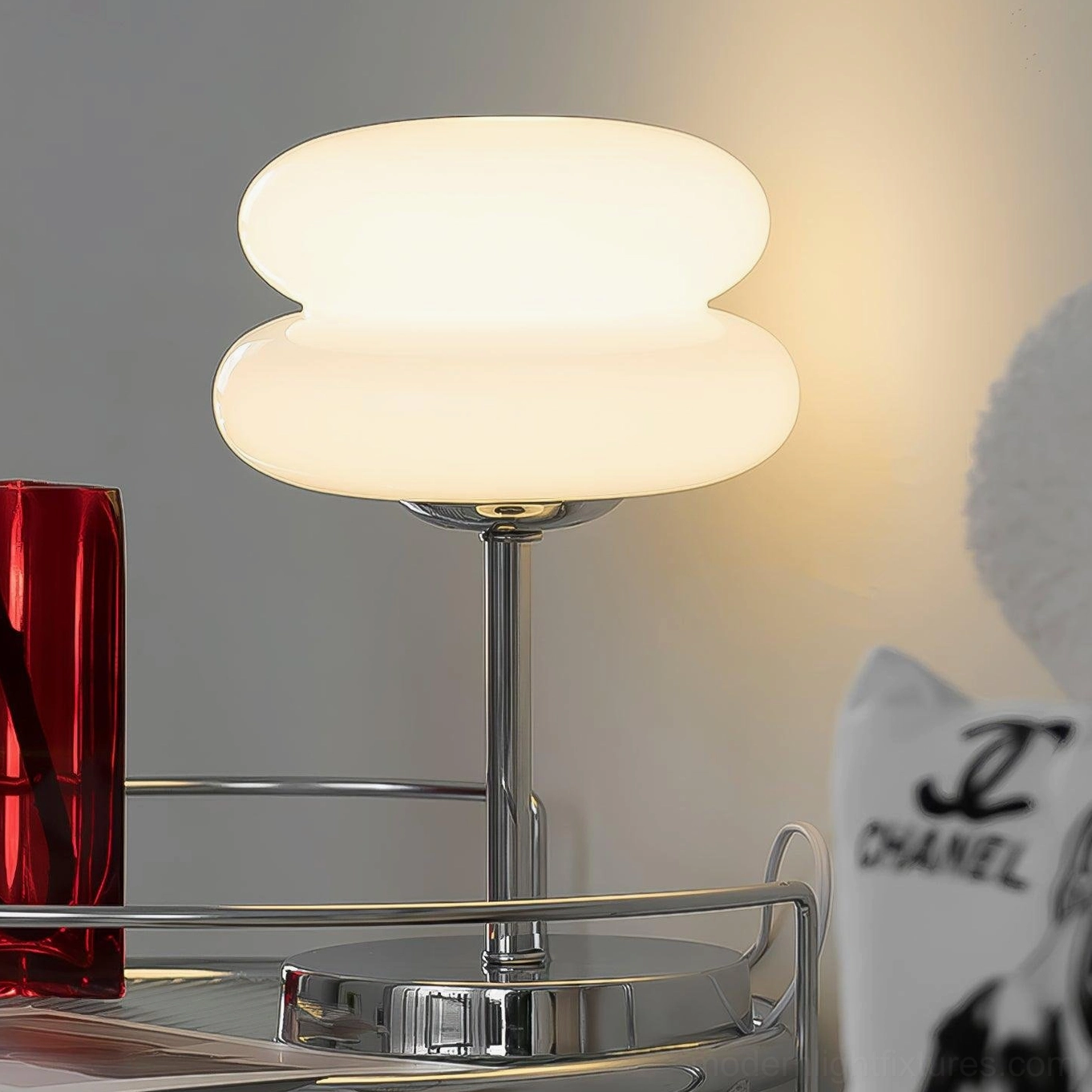 Modern glass table lamp push-button switch and cord configuration detail