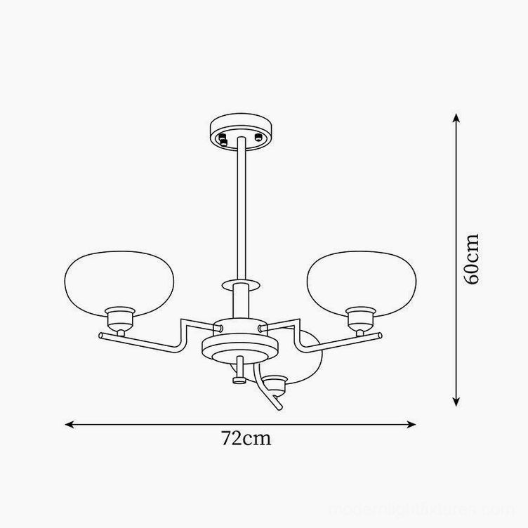 Technical specification line drawing of 4-head glass pendant chandelier showing dimensions 72cm diameter 60cm height