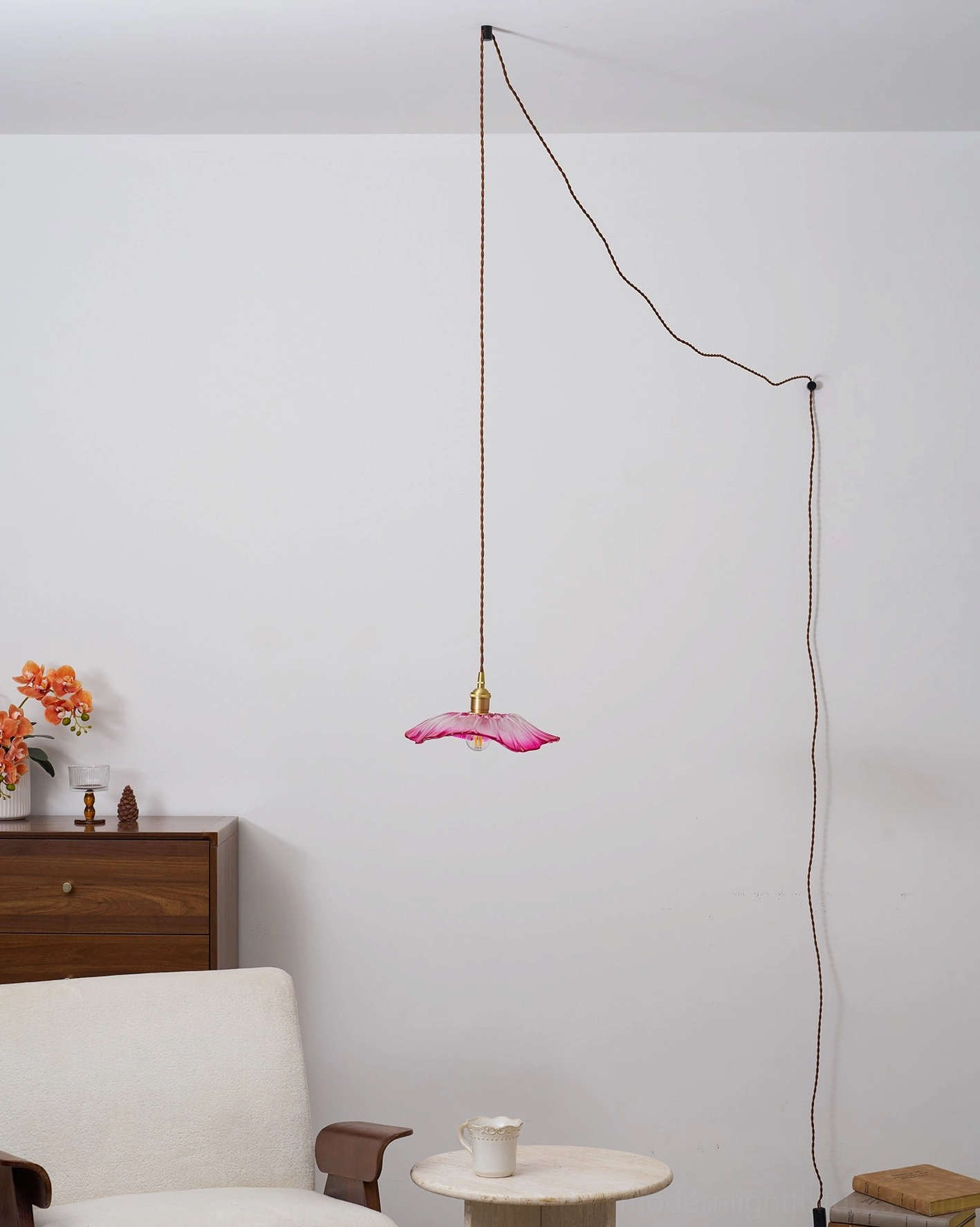 Glass pendant light with flower shade design and adjustable ceiling mounting