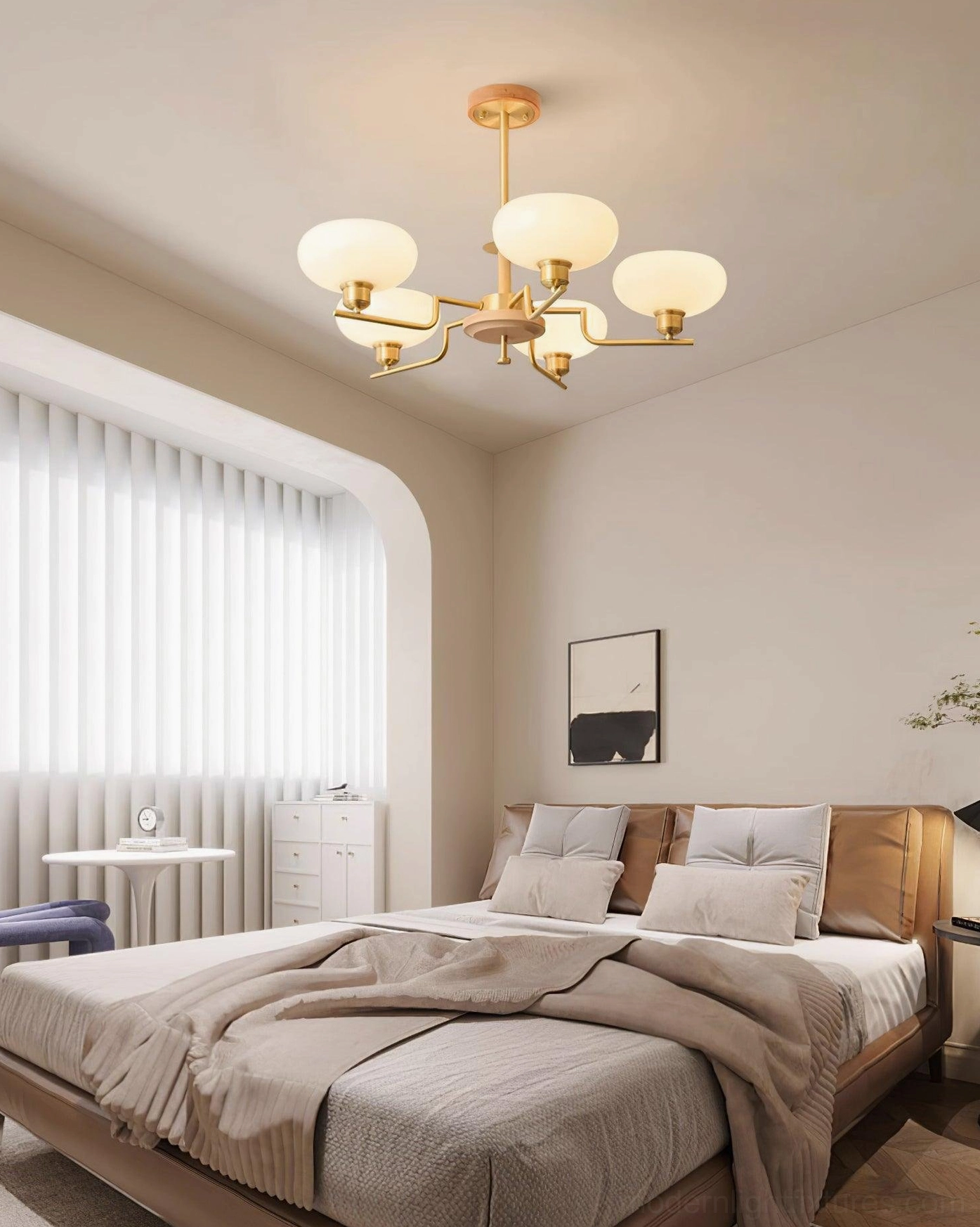 6-head modern glass pendant chandelier installed in warm minimalist bedroom interior with soft ambient lighting