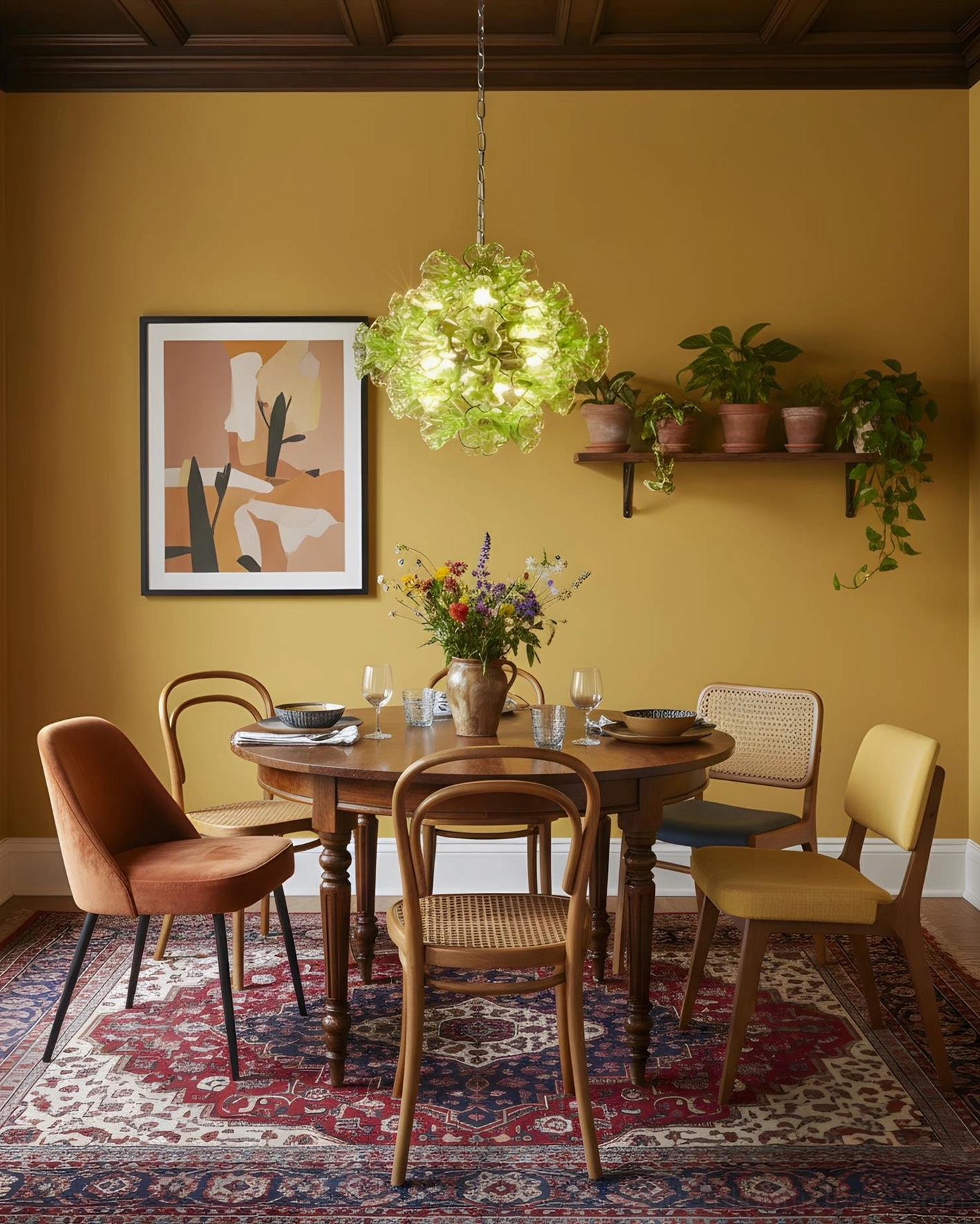 Green sculptural glass pendant light hanging above wooden dining table in warm vintage dining room setting