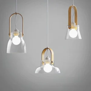Two size variants of contemporary glass pendant lights with natural wood suspension handles