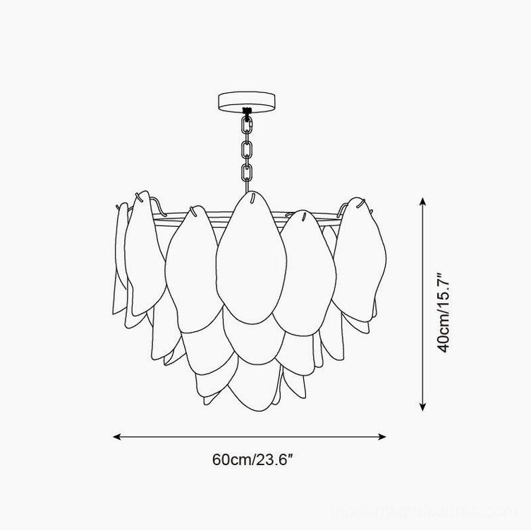 Design schematic for 6-layer glass petal pendant light showing 60cm width and 40cm height specifications