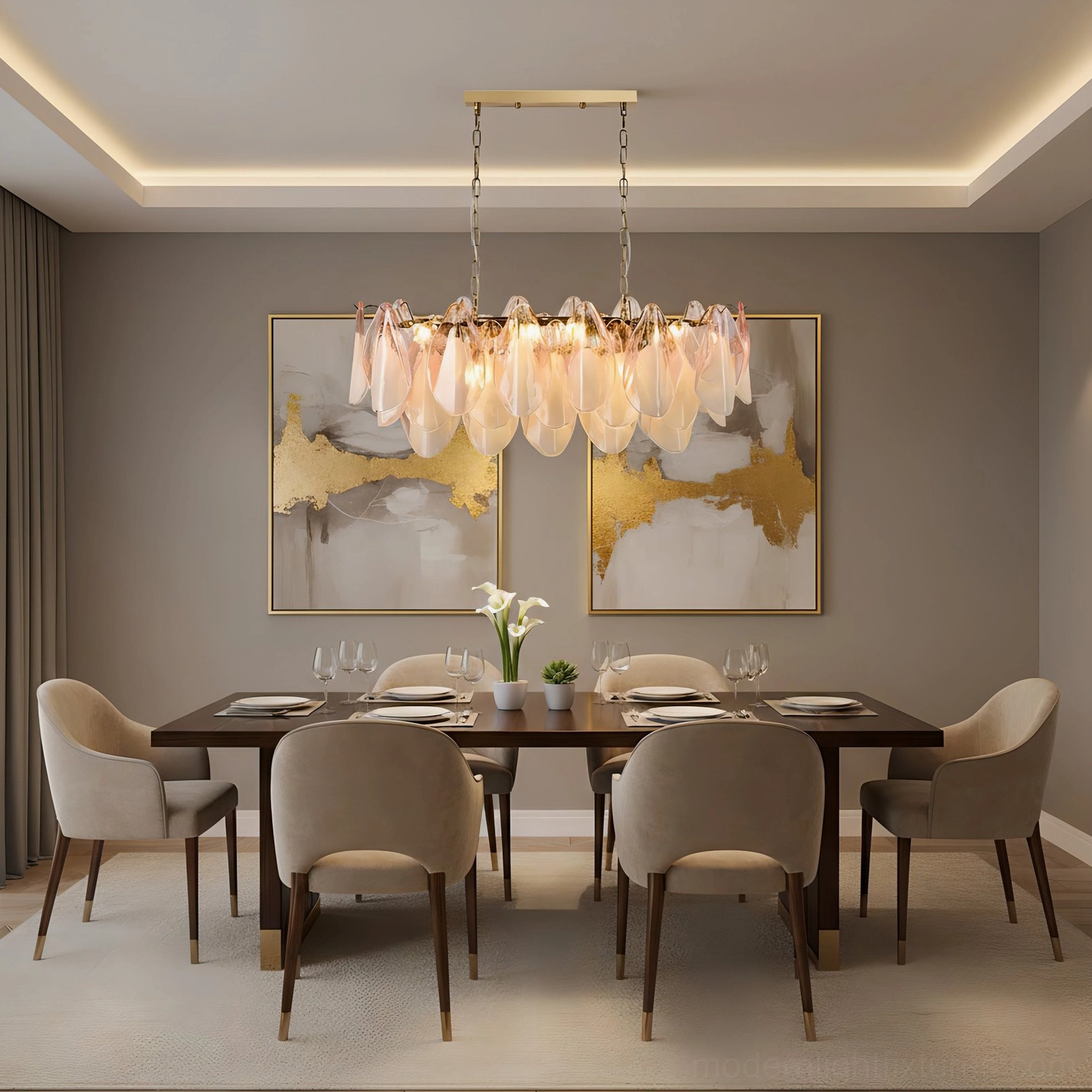 Hand-shaped glass petal chandelier detail showing ombre gradient from green to white on metal frame