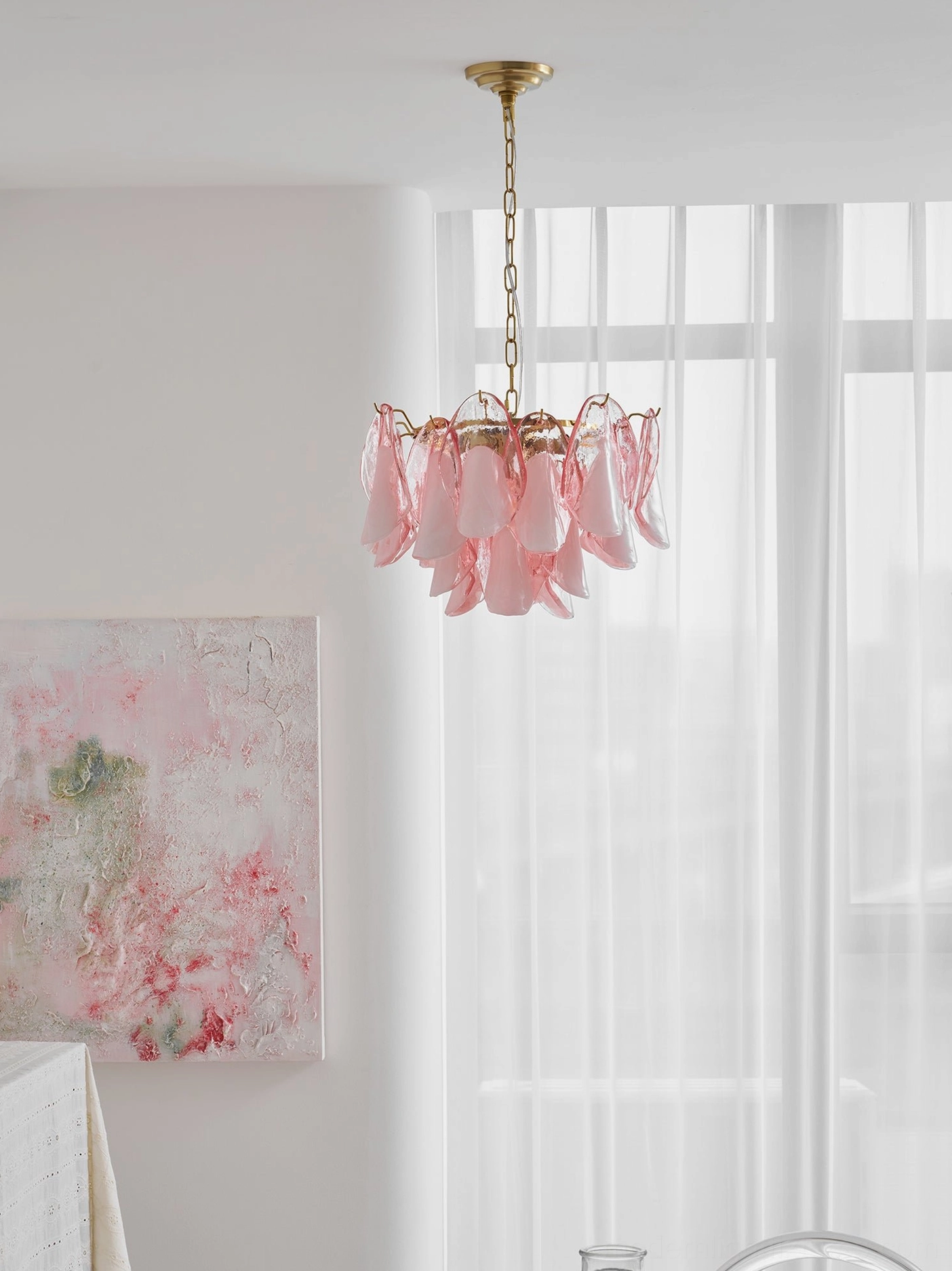 Contemporary glass petal chandelier size comparison chart showing multiple layer configurations