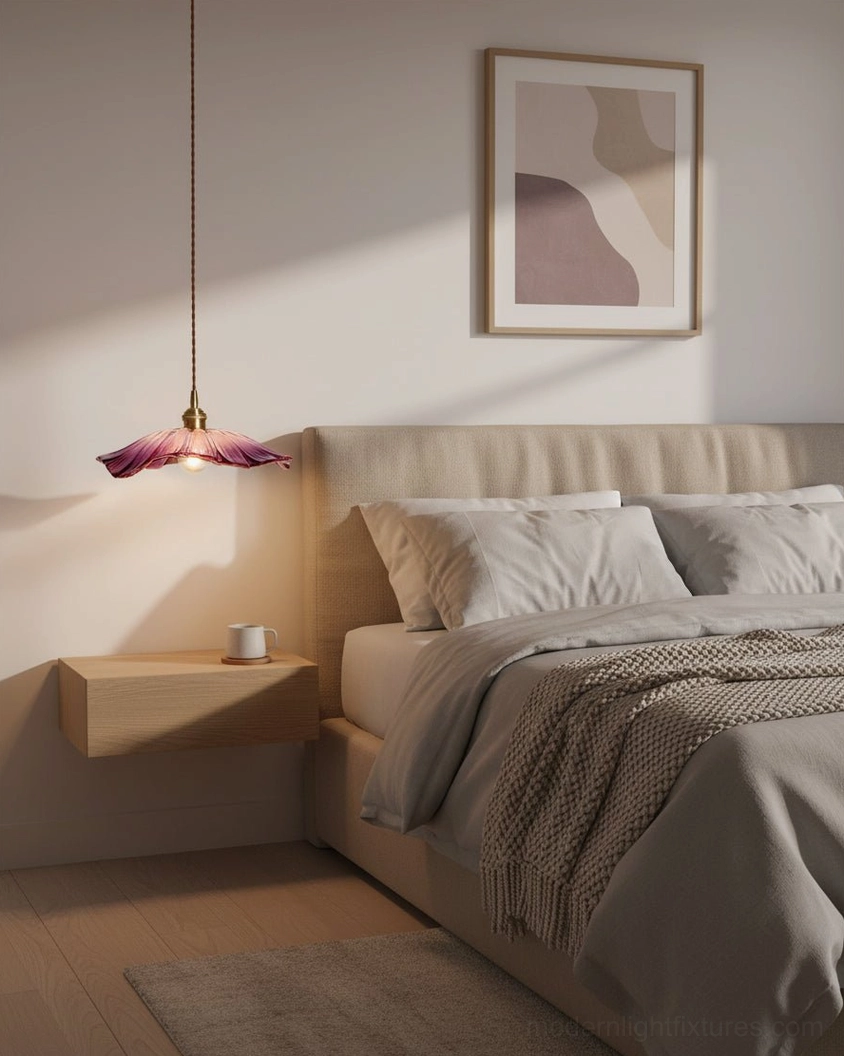 Glass petal pendant light hanging accent with warm interior background and furnishings