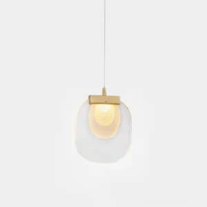Glass Ripples handcrafted pendant lamp with frosted ripple texture detail, clear glass dome on wood canopy, studio close-up view