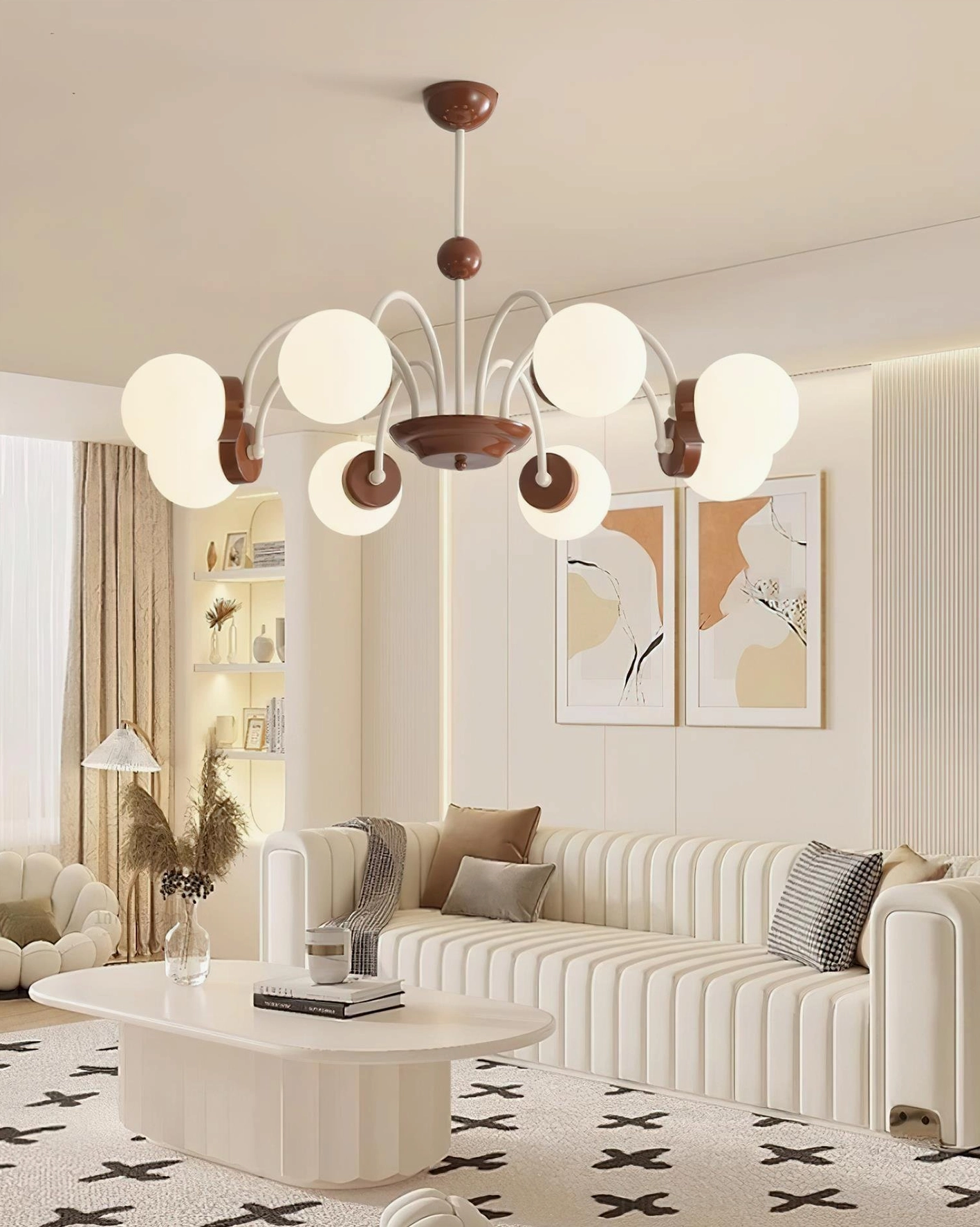 5-head or 6-head glass sphere chandelier, sculptural pendant light over dining area