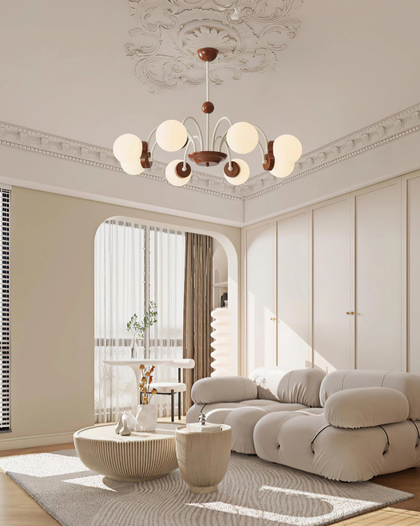 Glass sphere pendant chandelier, mid-century modern style with frosted shades