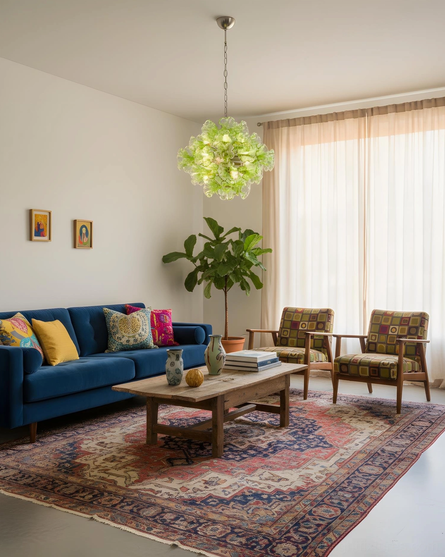 Glassia pendant light suspended in vintage bohemian living room above seating area creating soft botanical glow