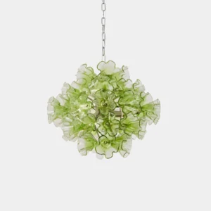Glassia handcrafted green glass pendant light with sculptural petal-like design, chrome hardware, and translucent botanical appearance on white background