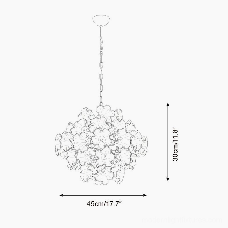 Technical line drawing specification of 45cm diameter by 30cm height Glassia pendant light with dimensional measurements
