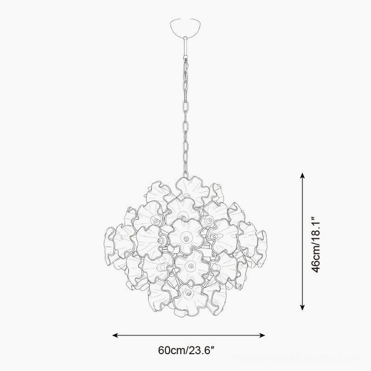 Technical line drawing specification of 60cm diameter by 46cm height Glassia pendant light with dimensional measurements
