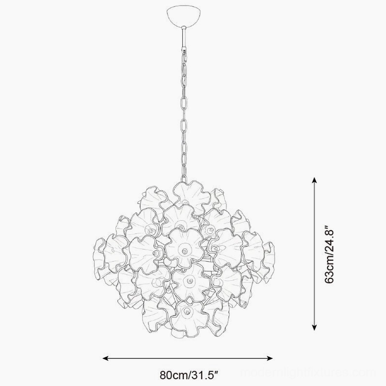 Technical line drawing specification of 80cm diameter by 63cm height Glassia pendant light with dimensional measurements