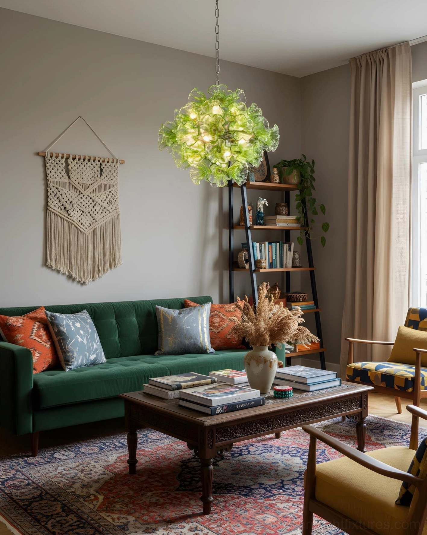 Glassia sculptural pendant light in cozy bohemian living room interior with bookshelf warm home styling and botanical aesthetic