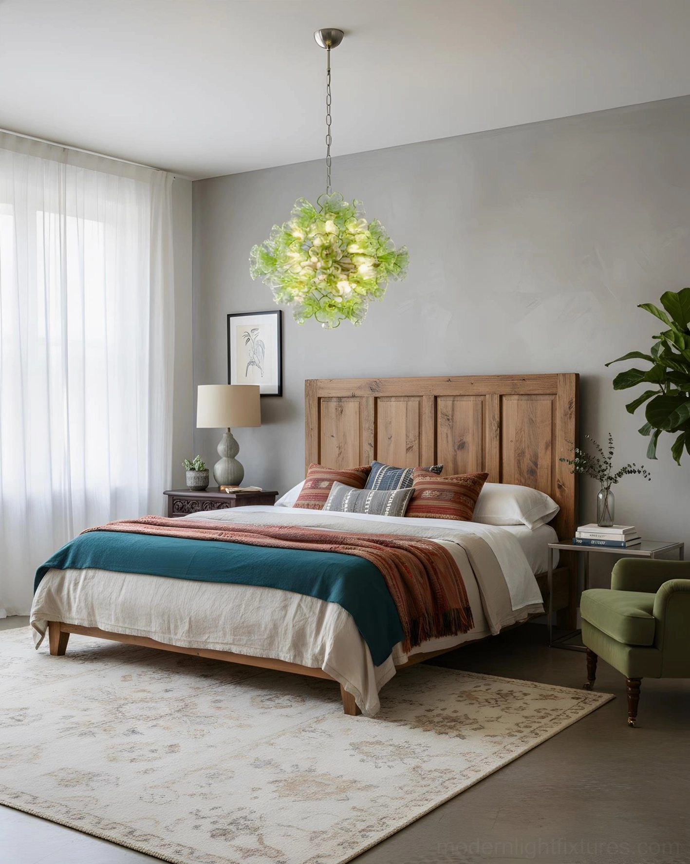 Glassia green glass pendant light fixture displaying architectural form sculptural design and botanical inspiration from multiple angles
