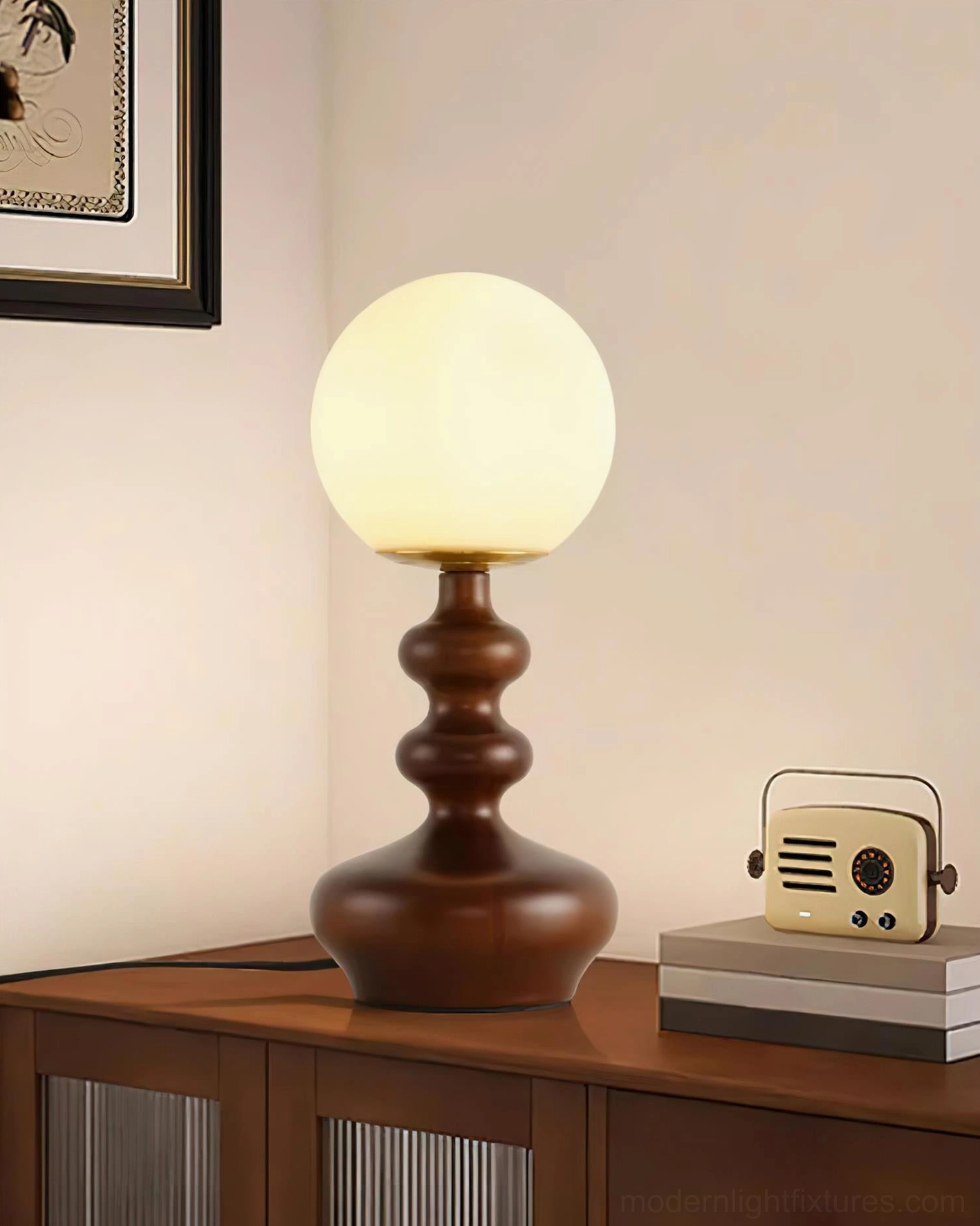 Gleason retro table lamp with dark brown turned wood base beside vintage radio in living room setting