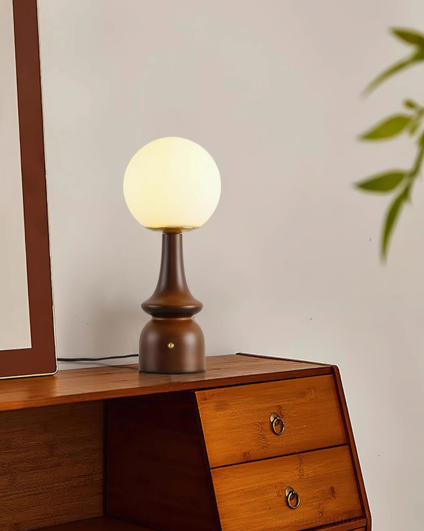 Gleason globe table lamp alternative view showing frosted glass shade and sculptural wood base detail