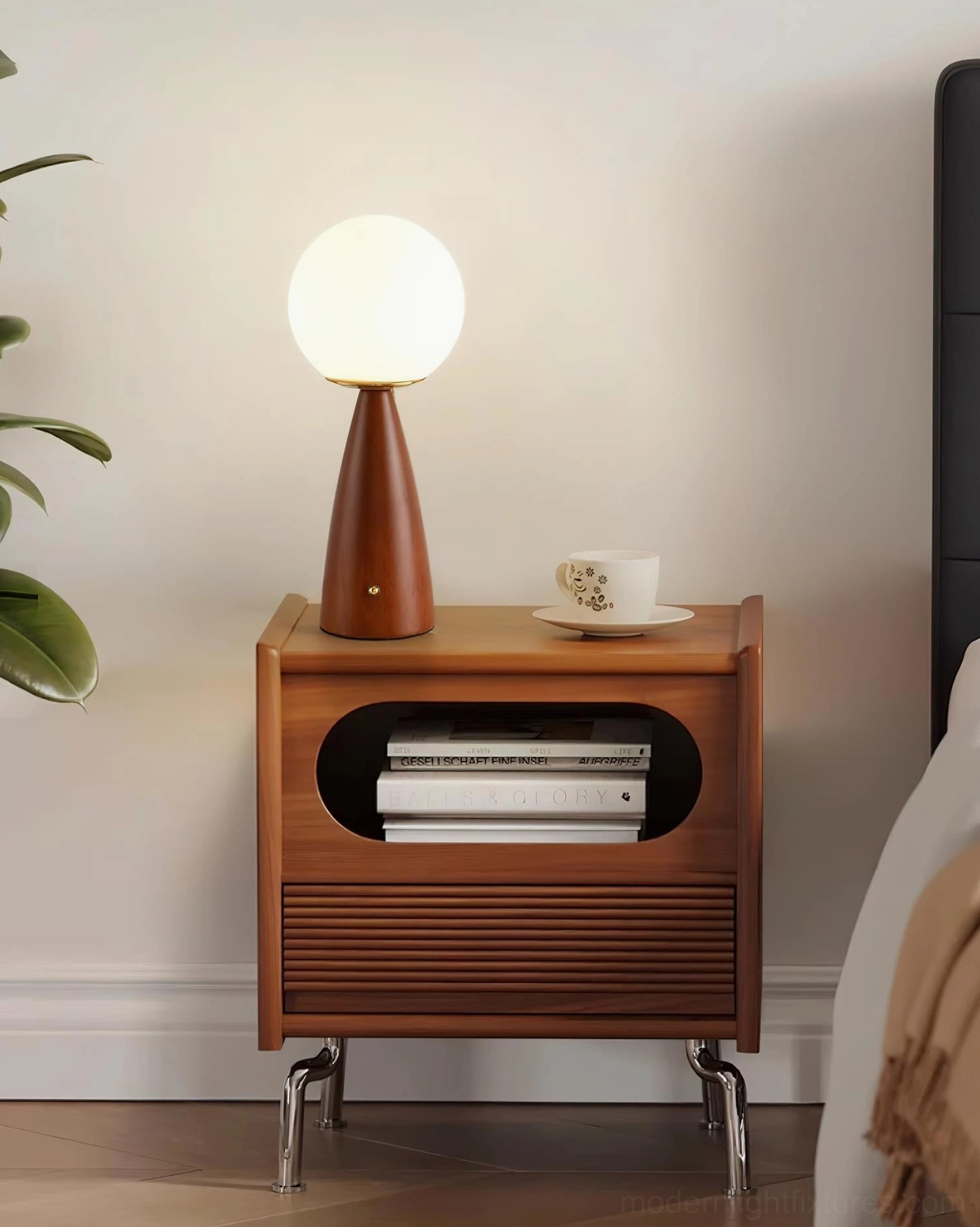 Gleason table lamp with turned wood stem base displaying mid-century modern design principles
